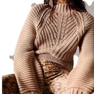 Free People Taupe Cowl Neck Cropped Sweater Boho Coastal Cowgirl Balloon Sleeve